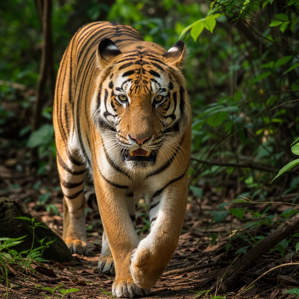A tiger walking through green forest undergrowth