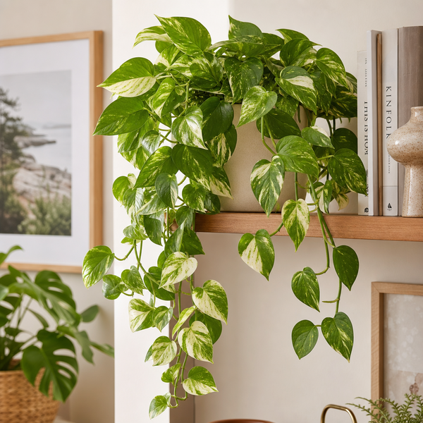 Pothos plant with trailing heart-shaped leaves