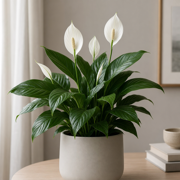 Peace lily plant with white blooms